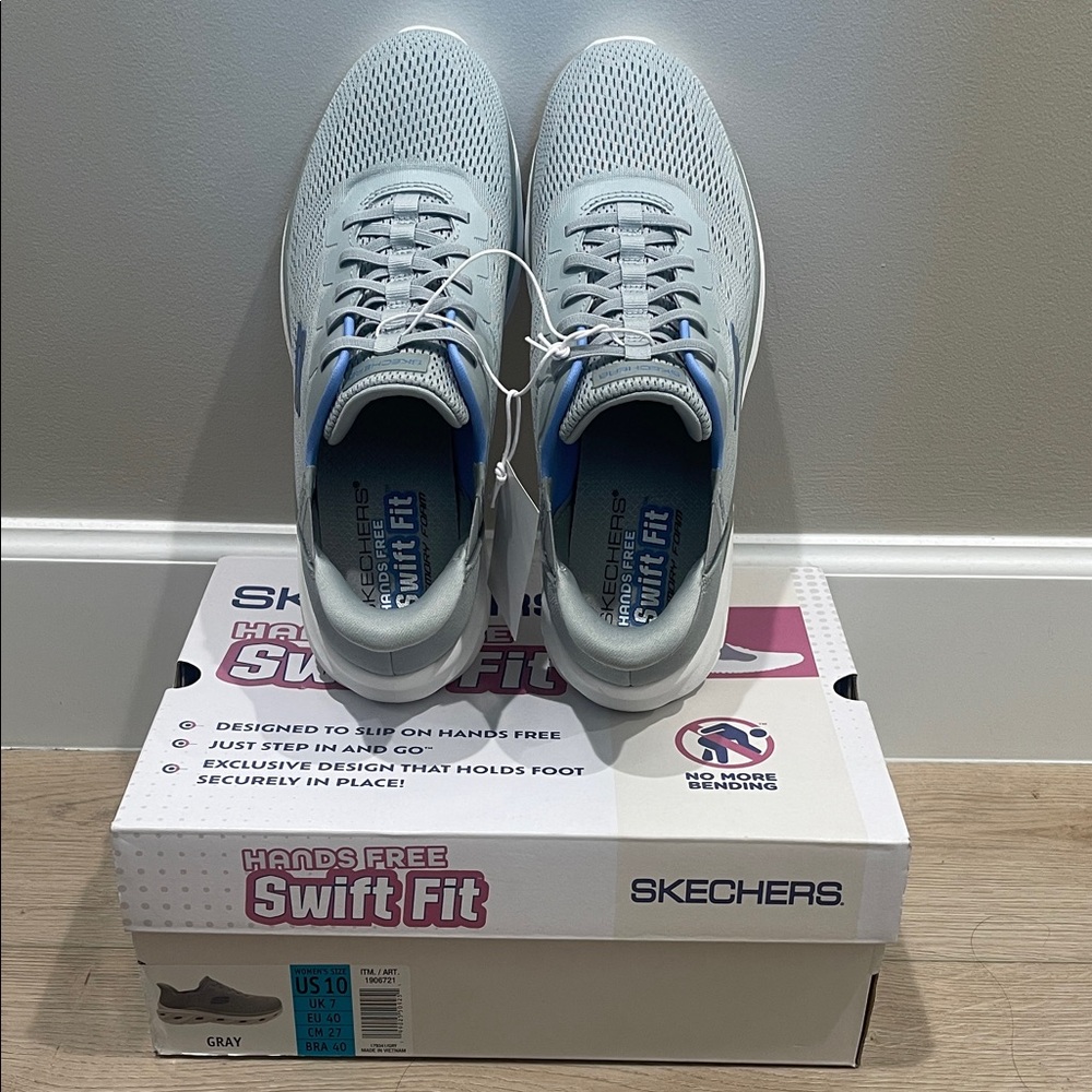 Skechers Women’s SwiftFit Slip-On Sneakers - Light Gray with Blue Accent